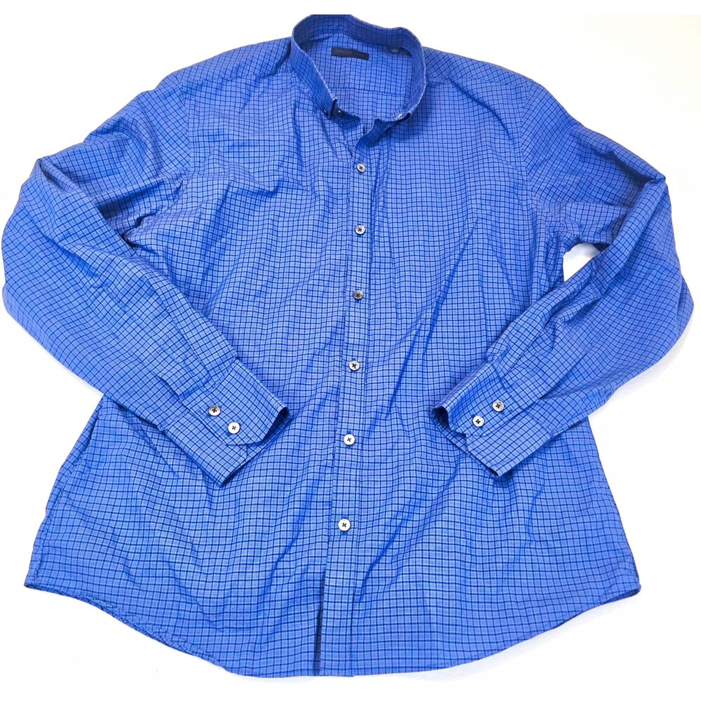 Zachary Prell Men's L Blue Check Long Sleeve Woven Cotton Point Collar Button-Up